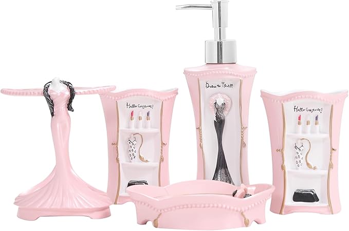 Pink Bathroom Accessories Set 5 Pcs - Soap Dispenser, Toothbrush Holder, Bathroom Tumbler, Soap Dish, Pink Bathroom Decor