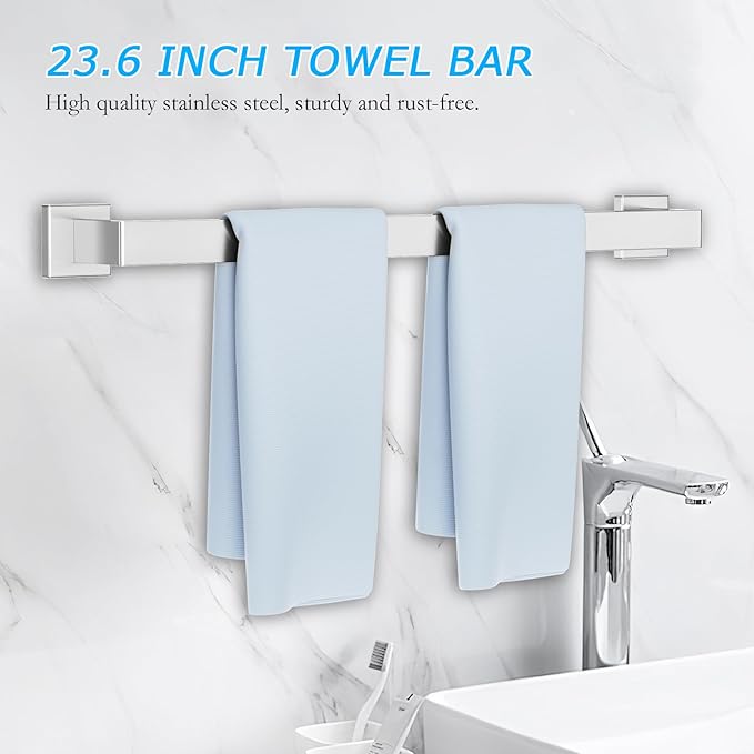 5 Pieces Towel Bar Set Brushed Nickel Bathroom Hardware Accessories Set SUS304 Stainless Steel Towel Holder Set for Bathroom 23.6 Inch Towel Bar,Towel Rack Wall Mounted