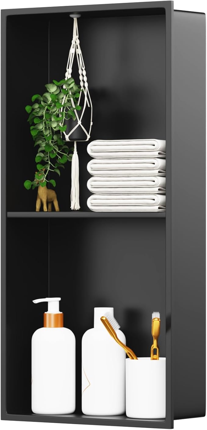 No Tile Shower Niche Stainless Steel Wall Niche 12" X 24" Two-Tier Bathroom Shelf No Tile Needed Recessed Niche Shower for Bathroom Storage, Matte Black