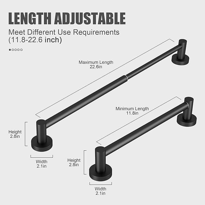Honmein Towel Bar - Adjustable 304 Stainless Steel Towel Holder for Bathroom (11.8inch-22.6inch) Sturdy and Rustproof Wall Mounted Towel Rack for Bathroom Accessories, Black?€?