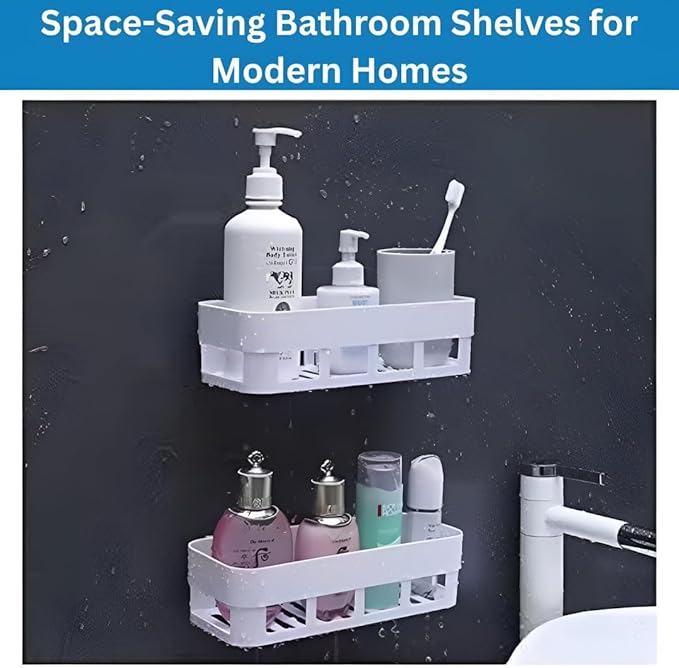 Plastic Bathroom Accessories, Bathroom Rack, Bathroom Shelf Organizer, Wall Mounted Shelf, Bathroom Hardware & Accessories, Storage Racks (2 Pcs Plastic White Shelf)