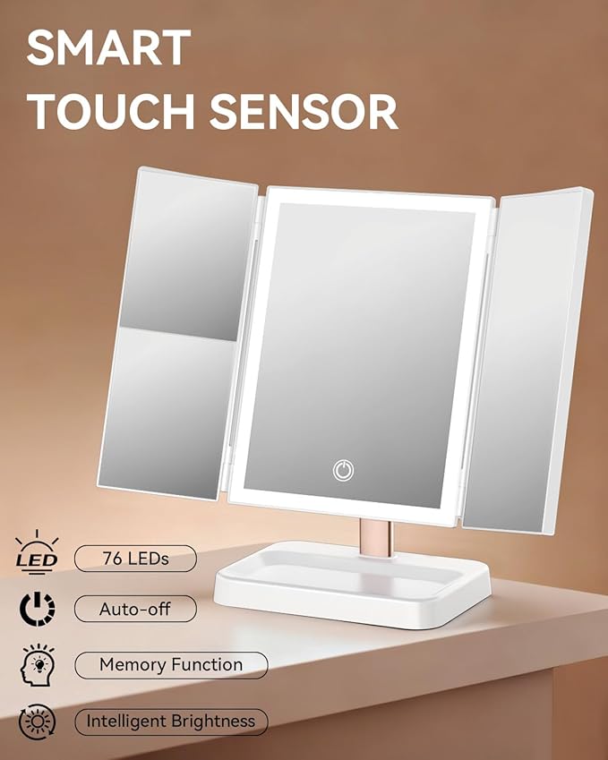 Trifold Vanity Mirror with Lights, 1X/2X/3X Magnification Makeup Mirror, 9" L x 14" W Large Desk Mirror, Ideal for Mom, Wife, Women & Teens