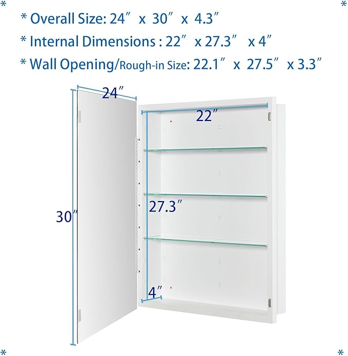 IDYLLOR Bathroom Medicine Cabinet with Beveled Edge Mirrored Door 24 x 30 inch, Recessed or Surface Mount, with Adjustable Glass Shelves