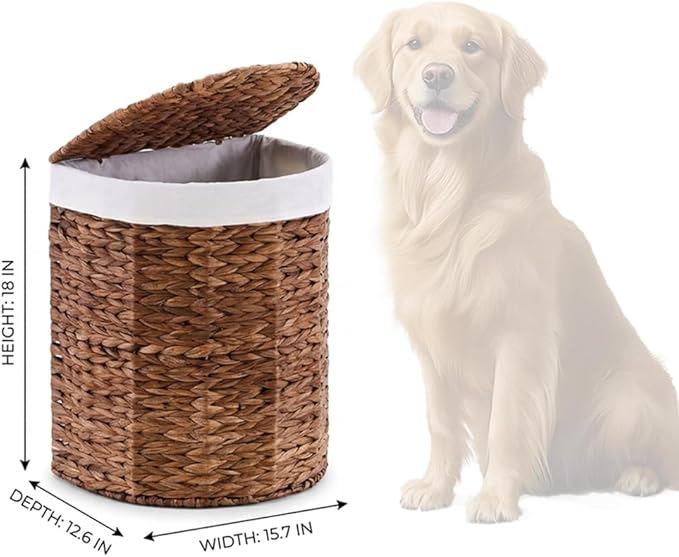 Water Hyacinth Laundry Hamper with lid, Half Moon Shape with 2 Removable Cloth Bags, Handwoven Boho Wicker Basket for Laundry Organization, Espresso
