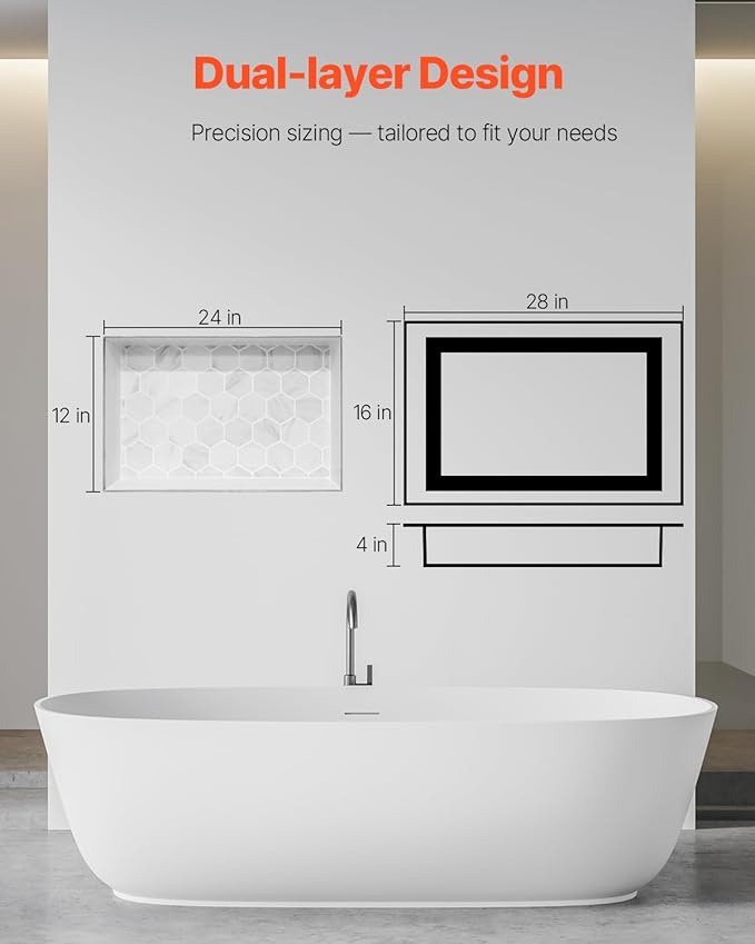 VEVOR Shower Niche, 16 x 28 x 4 inch Recessed Wall Niche with Movable Divider Shelf, Modern Soap & Shampoo Storage Organizer, Square Corners, Sealed Waterproof Design, Black for Bathroom Shower