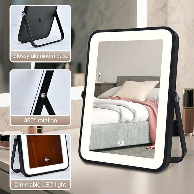 Rechargeable LED Vanity Mirror with Lights, 7"x10" Black Makeup Mirror with Lights, 3-Color Lighting, for Dorm, Livingroom, Gifts for Women