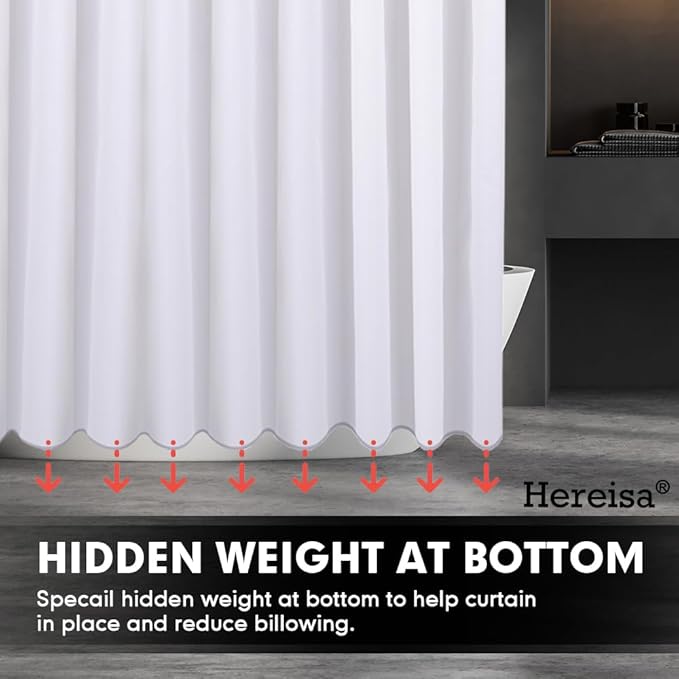 Strip White Fabric Shower Curtain with Magnets - 85 GSM Heavy Duty Waterproof Bath Curtain, 12 Reinforced Metal Grommets (72x72 Inches)