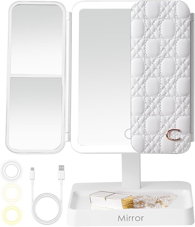 StellarHorizon Makeup Mirror Vanity with Lights, 83 LEDs, 360-Degree Uniform Fill Light, 3-Color Lighting, Touch Control, Trifold Makeup Mirror,Portable Led Travel Mirror，Women Gift
