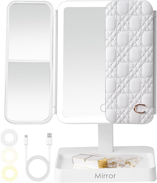 StellarHorizon Makeup Mirror Vanity with Lights, 83 LEDs, 360-Degree Uniform Fill Light, 3-Color Lighting, Touch Control, Trifold Makeup Mirror,Portable Led Travel Mirror，Women Gift