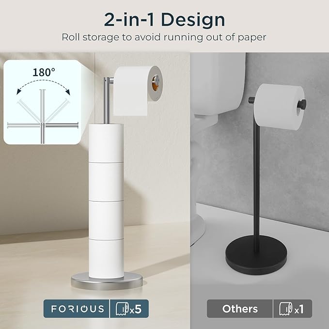 FORIOUS Toilet Paper Holder Stand Adjustable, Stainless Steel Freestanding Toilet Paper Holder with Storage, Bathroom Tissue Roll Stand Storage for 4 Rolls, Brushed Nickel (Pack of 2)