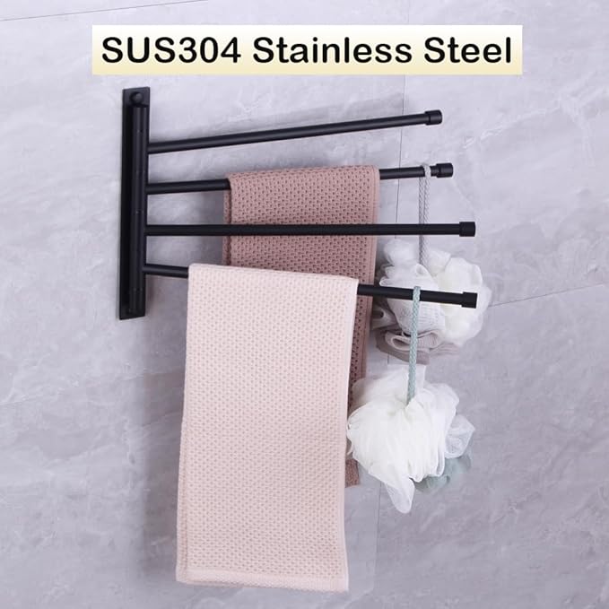 Swivel Hand Towel Bar Bathroom Swing Hanger Towel Rack Holder Matte Black Finish, Wall Mounted, 4-Arm