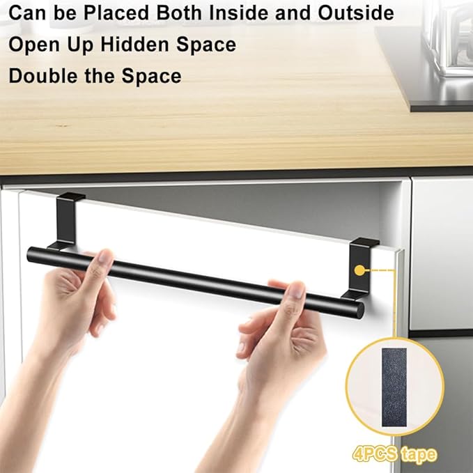 Cabinet Door Towel Bar, Dish Towel Rack for Cabinet, Stainless Steel kitchen Towel Holder, Over the Door Hand Towel Hanger for Kitchen Bathroom Cupboard, 2 Pack (2*Small Black)