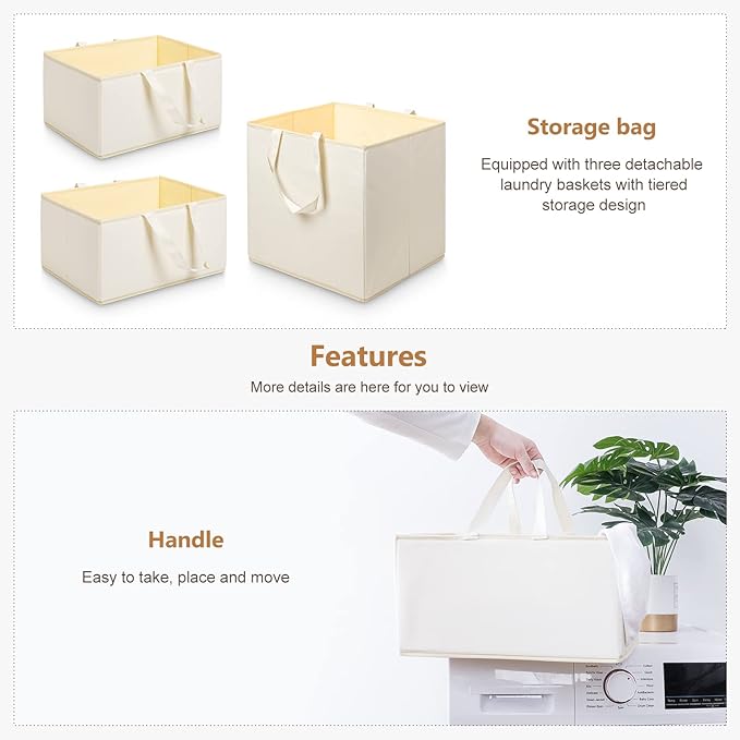 Homde Laundry Basket 3 Tier Bamboo Storage Shelf with Wheels Removable Container with Handle Freestanding Clothes Hamper Organizer for Bathroom Living Room Bedroom (Natural)