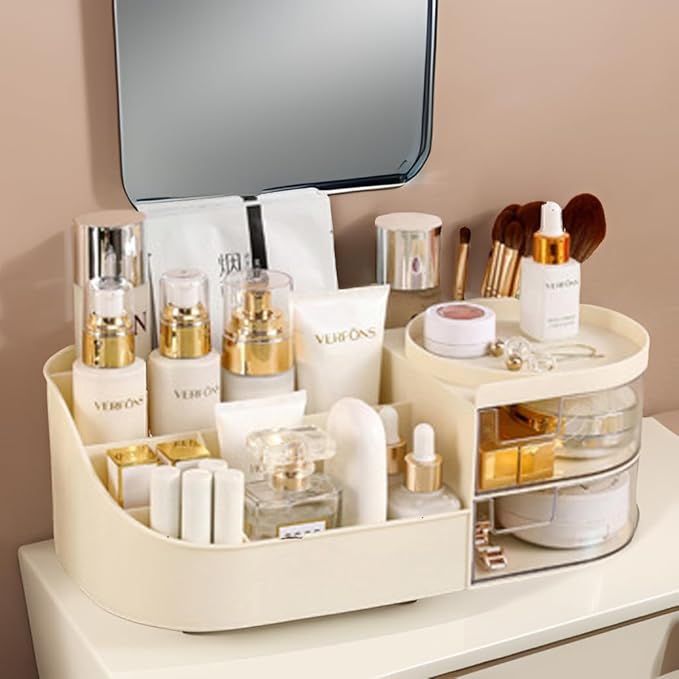 skin care organizer,Makeup Desk Organizer With Drawers,Countertop Organizer for Cosmetics,Vanity brush with Holder for Lipstick, Brushes, Eyeshadow, and Desktop Finishing Dresser (D-polar white)
