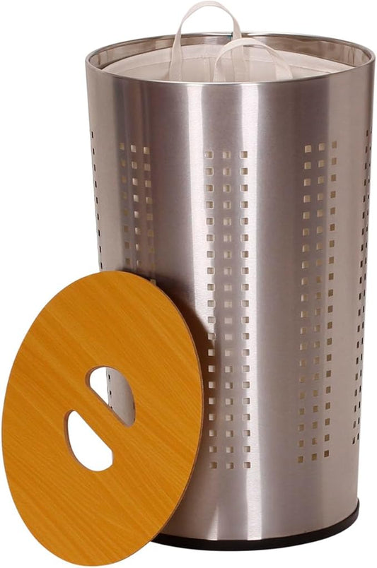 Household Essentials 7081-1 Round Metal Laundry Hamper - Removable Liner Bag and Wood Lid - Stainless Steel