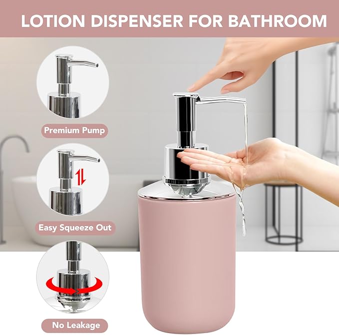 Matte Pink Bathroom Accessories Set, 4 Piece Plastic Bathroom Toothbrush Holder Set, Include Soap Dispenser, Toothbrush Holder, Rinse Cup, Soap Dish, Boho Pink Bathroom Decor for Home, Bathroom Set