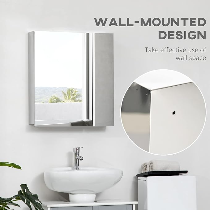 kleankin Wall-Mounted Medicine Cabinet with Mirror, Bathroom Mirror Cabinet Wall Mounted with Hinged Door, Storage Shelves for Living Room and Laundry Room, 21" x 24", Silver