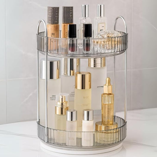 360° Rotating Makeup Organizer, 2 Tier Spinning Cosmetic Organizer for Vanity & Bathroom Countertop, Holds Tall Skincare Bottles, Perfume & Beauty Accessories – Clear Grey