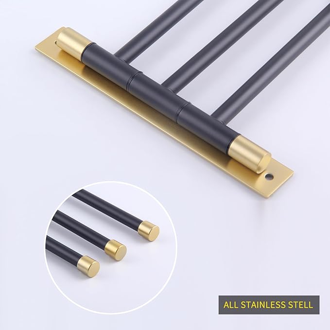 GERZWY SUS 304 Stainless Steel Bathroom Hand Towel Rack 3-Bar Folding Arm Swivel Hanger Bath Towel Holder Swing Out Towel Bar Wall Mount (Black & Gold) HYG03-BD