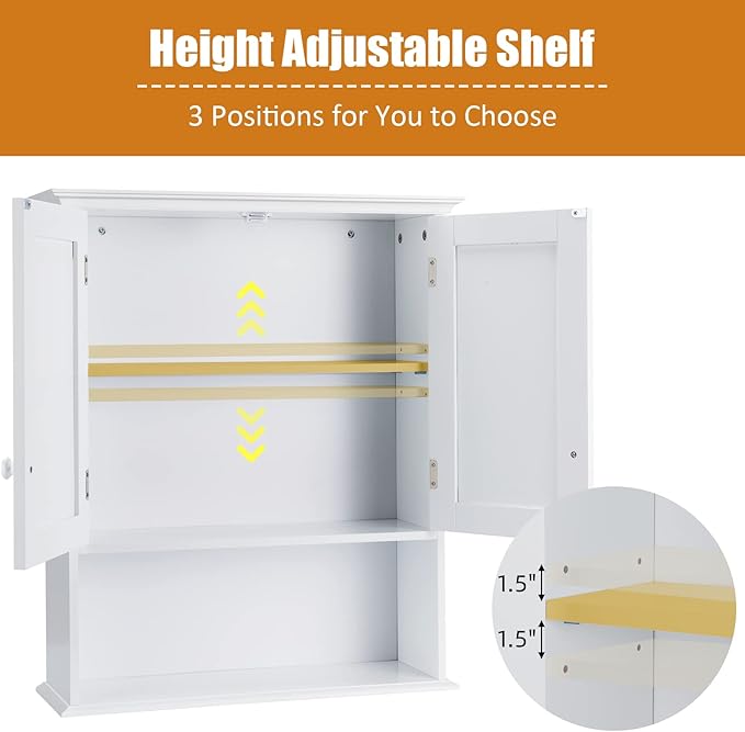 COSTWAY Wall Mounted Bathroom Cabinet, Over The Toilet Storage Cabinet w/Double Doors & Adjustable Shelf, Wood Hanging Medicine Cabinet for Living Room, Entryway, Kitchen (White)