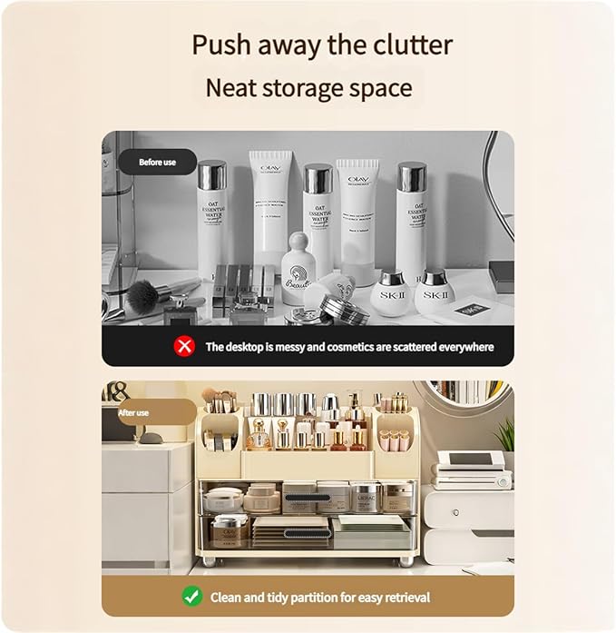 Makeup Organizer with Drawers for Vanity,Bathroom Countertop Organizer with Brushes Holder,Skincare Storage Organizer for Lipsticks,Nail Polishes, Perfumes,Eyeshadow Palettes (Cream)