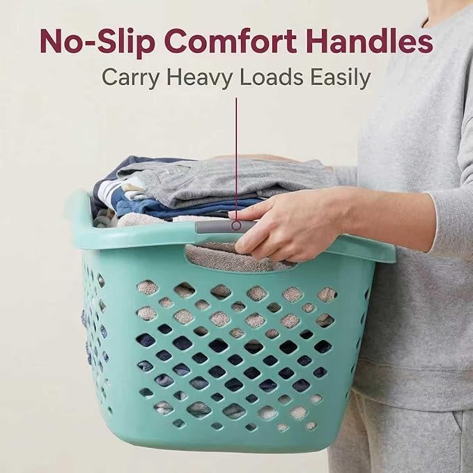 (2 Pack) 1.8 Bushel Hip Hugger Laundry Basket, Teal Flexible Plastic Hamper - Easy 1-Hand Carry(Home/Laundry Room)