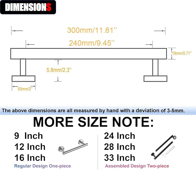 12 Inch Towel Bar for Bathroom 9/12/16/24/28/33 Inch Kitchen Hand Towel Holder Brushed Nickel SUS304 Stainless Steel RUSTPROOF Wall Mount Towel Rod (1, Brushed Nickel, 12 Inch)