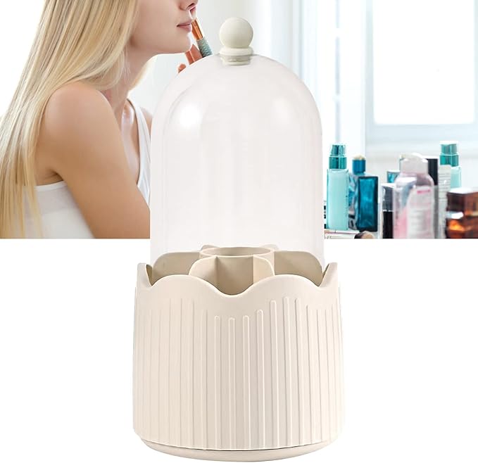 PerGar Makeup Brush Holder Organizer with Compartments, Transparent Dustproof 360 Degrees Rotatable Brush Storage Box with Lid, Cute Countertop Cosmetics Storage Cup for Vanity(Cream Yellow)