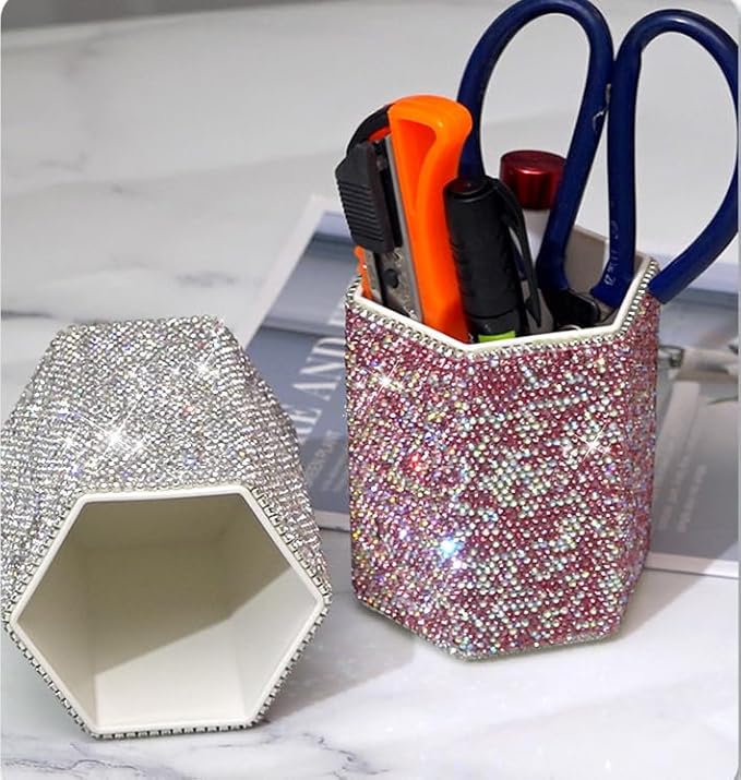 Luxury Crystal Rhinestone Pen Holder Makeup Brush Organizer - Sparkling and Fashionable Desk Organizer for Bling Lovers (Pink)