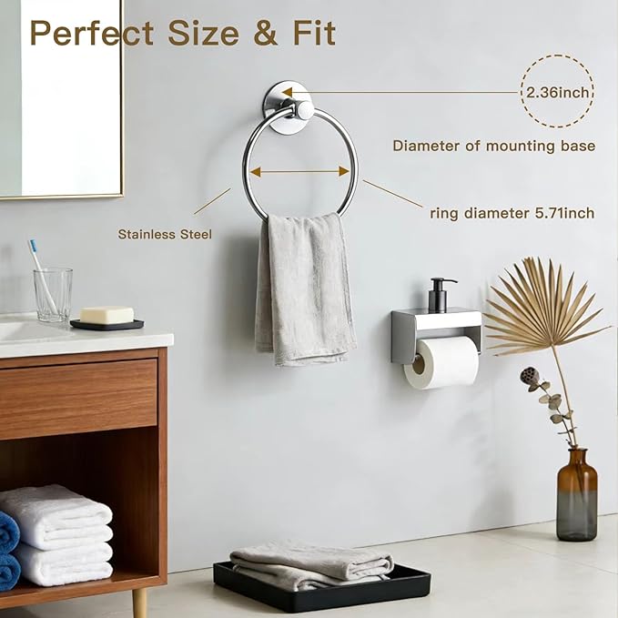 Besteffie Adhesive Towel Ring Wall Mount Hand Towel Ring Self Adhesive Towel Hanger Premium SUS304 Stainless Steel Rustproof Brushed Nickel, Kitchen, Bathroom Hand Towel Holder