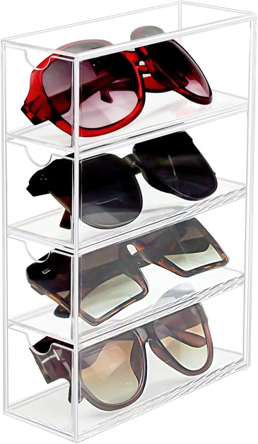 Stackable Organizer for Glasses, Sunglasses, Reading Glasses, 4 Drawers, Clear Acrylic Makeup Organizer for Cosmetic Storage and Organization