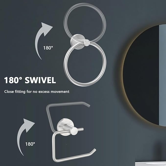 Towel Ring and Toilet Paper Holder Set, Stainless Steel Bath Towel Hanger and Tissue Roll Holders, Bathroom Hardware Accessories Wall Mounted 2 Pieces (Brushed Nickel)