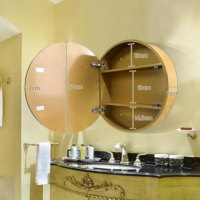 Round Medicine Cabinet,Medicine Cabinet with Mirror,Aluminum Framed,Soft Close Hinge,20inch,Gold
