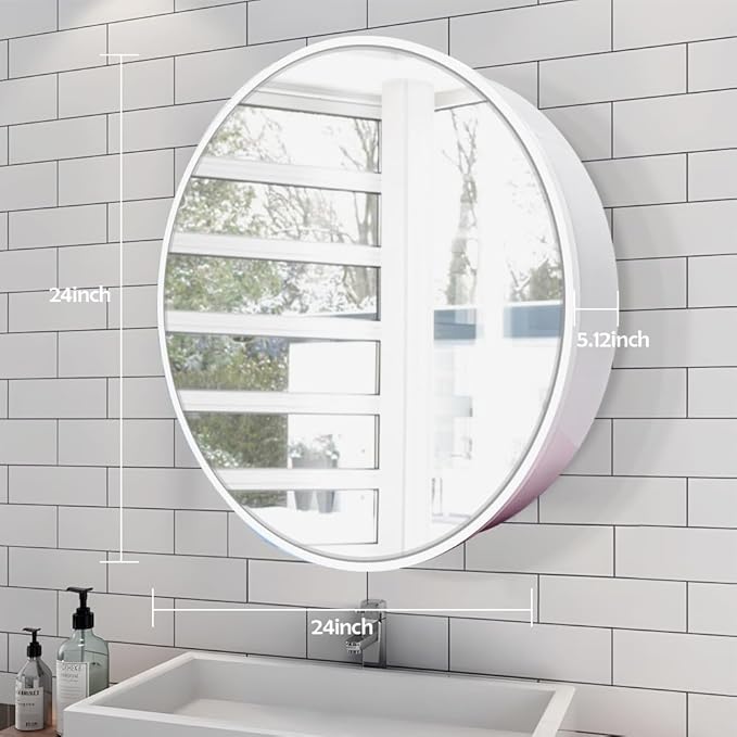 Round Medicine Cabinet,Medicine Cabinet with Mirror,Aluminum Framed,Soft Close Hinge,24inch,White