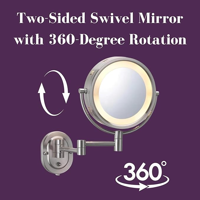 JERDON Wall-Mounted Makeup Mirror with 5X Magnification - Nickel Makeup Mirror with LED Lights - Plug in - HL65N