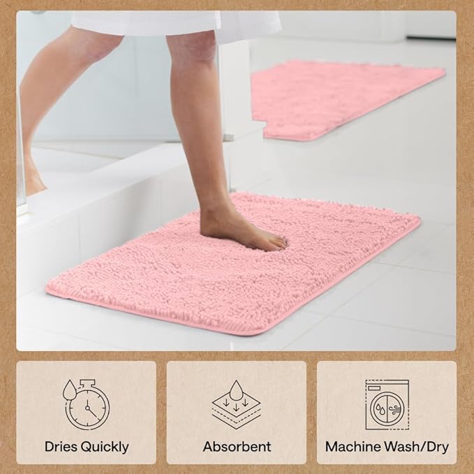 GORILLA GRIP Bath Rug Mat, Thick Soft Absorbent Chenille, Quick Dry Microfiber Mats, Rubber Backing Washable Shower Floor Rugs, US Designed Bathroom Bathmat Home Decor Accessories, 24x17 Light Pink