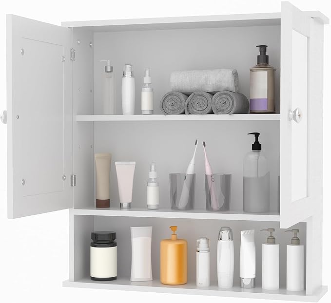 Bathroom Wall Cabinet with Mirrored Doors – Slim Medicine Cabinet with Adjustable Shelf – 2.2x23x5.1 Inch Compact Wall Cabinet for Bathroom, Kitchen, Laundry Room, Entryway