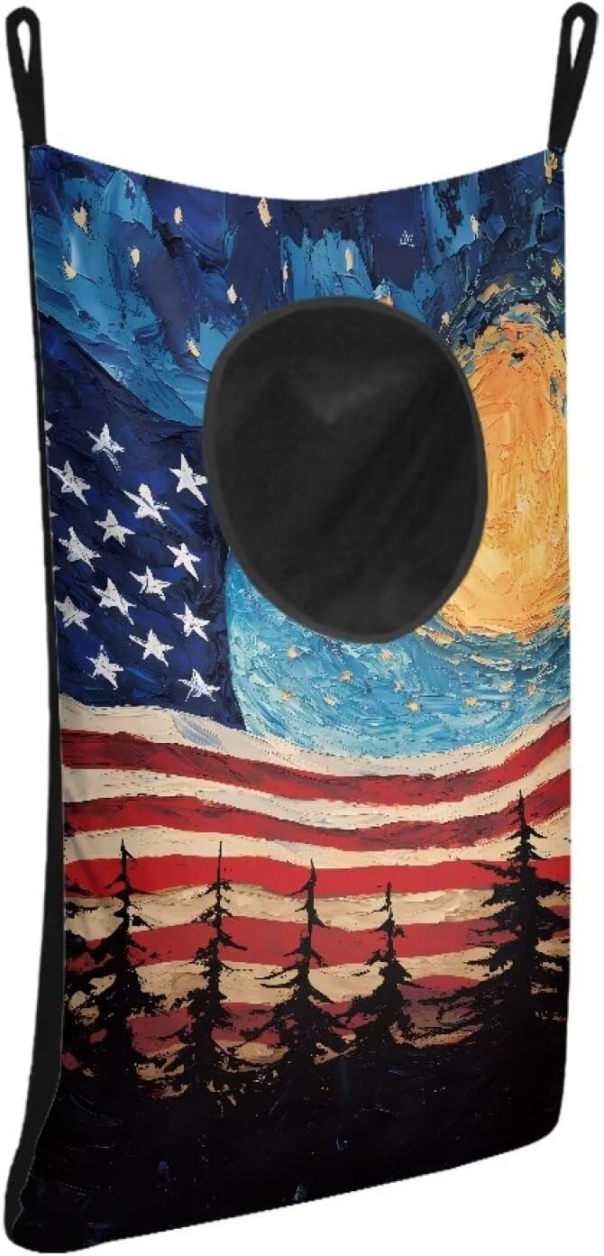 ZOUTAIRONG American Flag Hanging Hamper Over The Door Laundry Bags Zipper Large Capacity Storage Organizers Laundry Baskets for Closet, Bedroom, Dorm, Moon Print