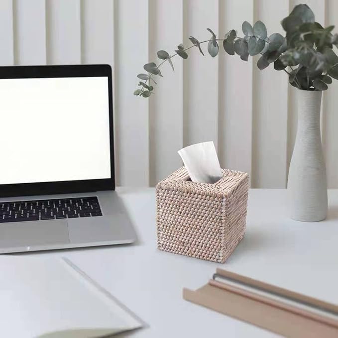 Rattan Tissue Box Cover Square, Hand Woven Wicker Tissue Holder, 5.5 x 5.5 X 5.7 inch, Whitewash