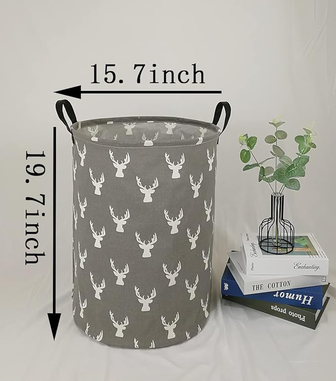 KUNRO Round Laundry Gift Basket Storage Hamper, Clothes Storage Organizer Bins, Shelf Basket with Handles for Room Decor (Grey deer)