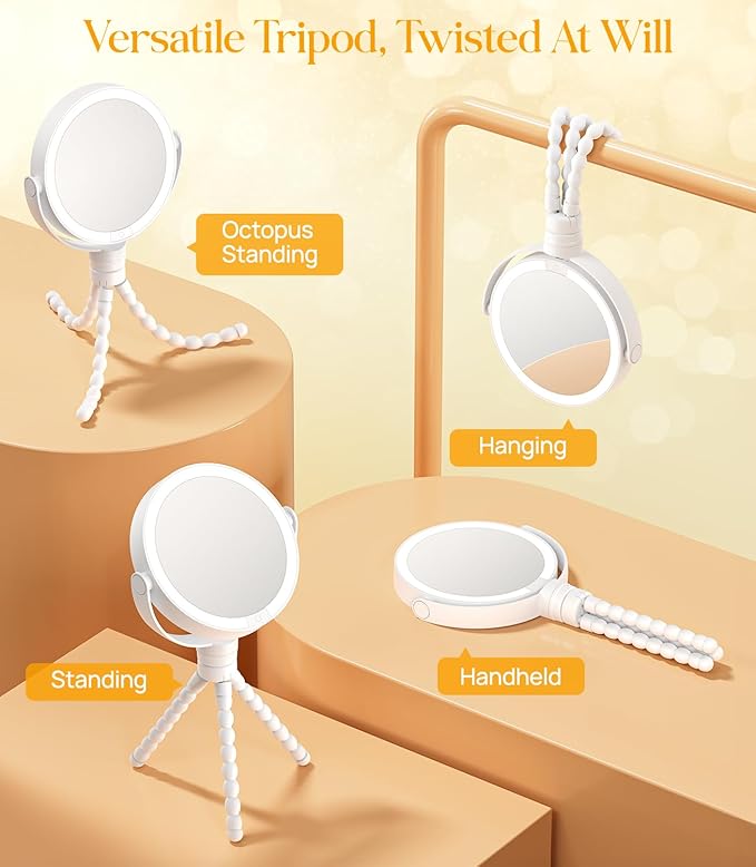 Gospire 5.85” Tripod Travel Makeup Mirror with Lights and Magnification 1X/10X, 4 in 1 Winding Hanging Handheld Tabletop, 3 Light Colors and Adjustable Brightness – White