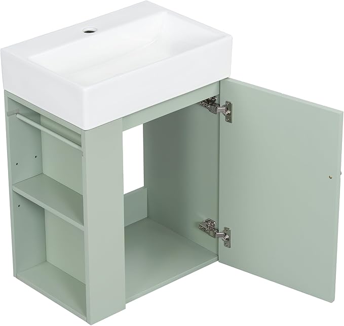 Virubi 20" Floating Bathroom Vanity with Sink, Soft Closing Door,and Storage Shelves, Solid Wood Frame & MDF Modern Single Small Bathroom Vanity Cabinet with Open Shelf,Wall Mounted (Green)