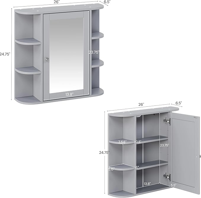 Merax Bathroom Wall Storage Cabinet with Mirror, 26 Inch Medicine Cabinet with Mirror Doors & Adjustable Wood Shelf, Space-Saving Modern Mounted Storage Cabinets with 6 Open Shelves, Gray
