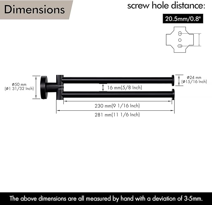 KES Black Swivel Towel Bar for Bathroom 9-Inch Swing Out Double Towel Bar 2-Arm Kitchen Wall Mounted SUS 304 Stainless Steel Matte Black, A2106S23-BK