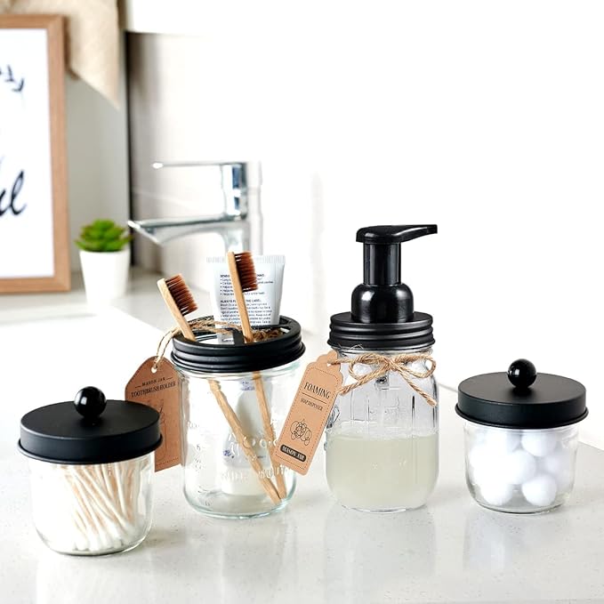 Amolliar Mason Jar Bathroom Accessories Set(4 Pack) - Foaming Soap Dispenser&Qtip Holder Set&Toothbrush Holder-Rustic Farmhouse Decor Bathroom Organizer Apothecary Jar Country Countertop (Black)