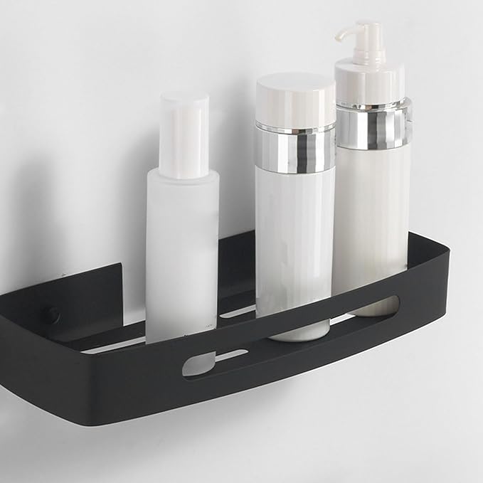 Marhynchus Bathroom Shelf, Matte Black Stainless Steel Wall Mounted Drain Rack for Toiletries Organization with 8kg Load Capacity for Renters No Drill (Black Single Layer Rack (No Drill Installation))