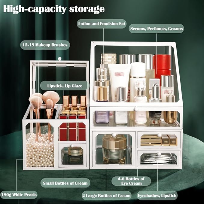 Glass Makeup Organizer Multi-Functional with Pearl Makeup Organizer with Drawers for Bathroom Vanity Organizer Skincare Lipstick Brushes