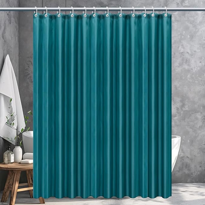Strip White Fabric Shower Curtain with Magnets - 85 GSM Heavy Duty Waterproof Bath Curtain, 12 Reinforced Metal Grommets (72x72 Inches)
