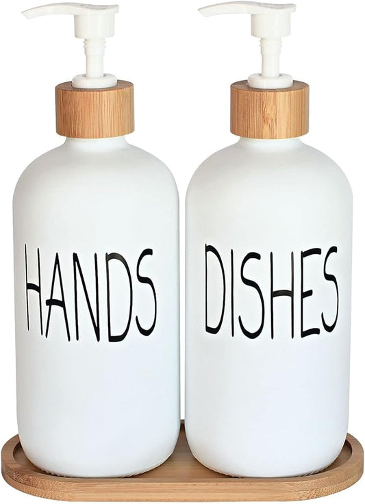 Glass Soap Dispenser Set - Hand Soap and Dish Soap Dispenser with Bamboo Tray. Vintage Soap Dispenser with Pump for KitchenKitchen Drain Outlet and Bathroom. Stylish Permanent Labels (Matte White)