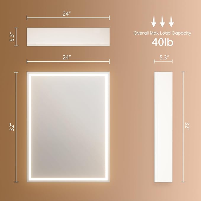 32x24 inch LED Lighted Medicine Cabinet with Mirror, Moisture-Resistant Wood, Stepless Dimmable, 3000K/5500K, Defogger, Adjustable Shelf, Flat-Pack Design – Assembly Required (White)